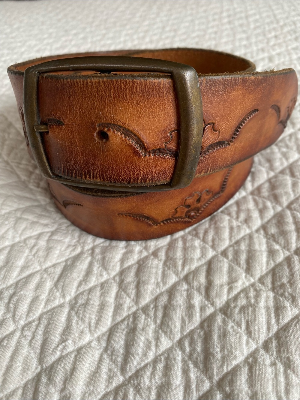 VTG Western Distressed Tooled Leather Belt Longhorn Skull Floral Rodeo Cowboy 32